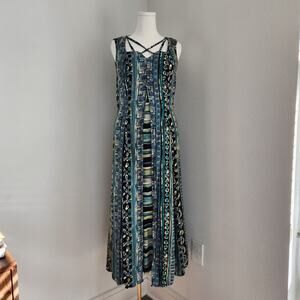 Vintage 90s Abstract Blue Green Sleeveless Midi Dress Criss Cross Neckline 12